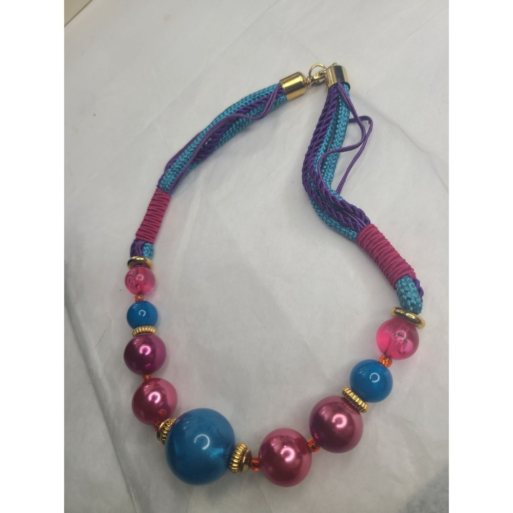 Colorful Beaded Necklace With Pink & Blue Pearls Adjustable Length